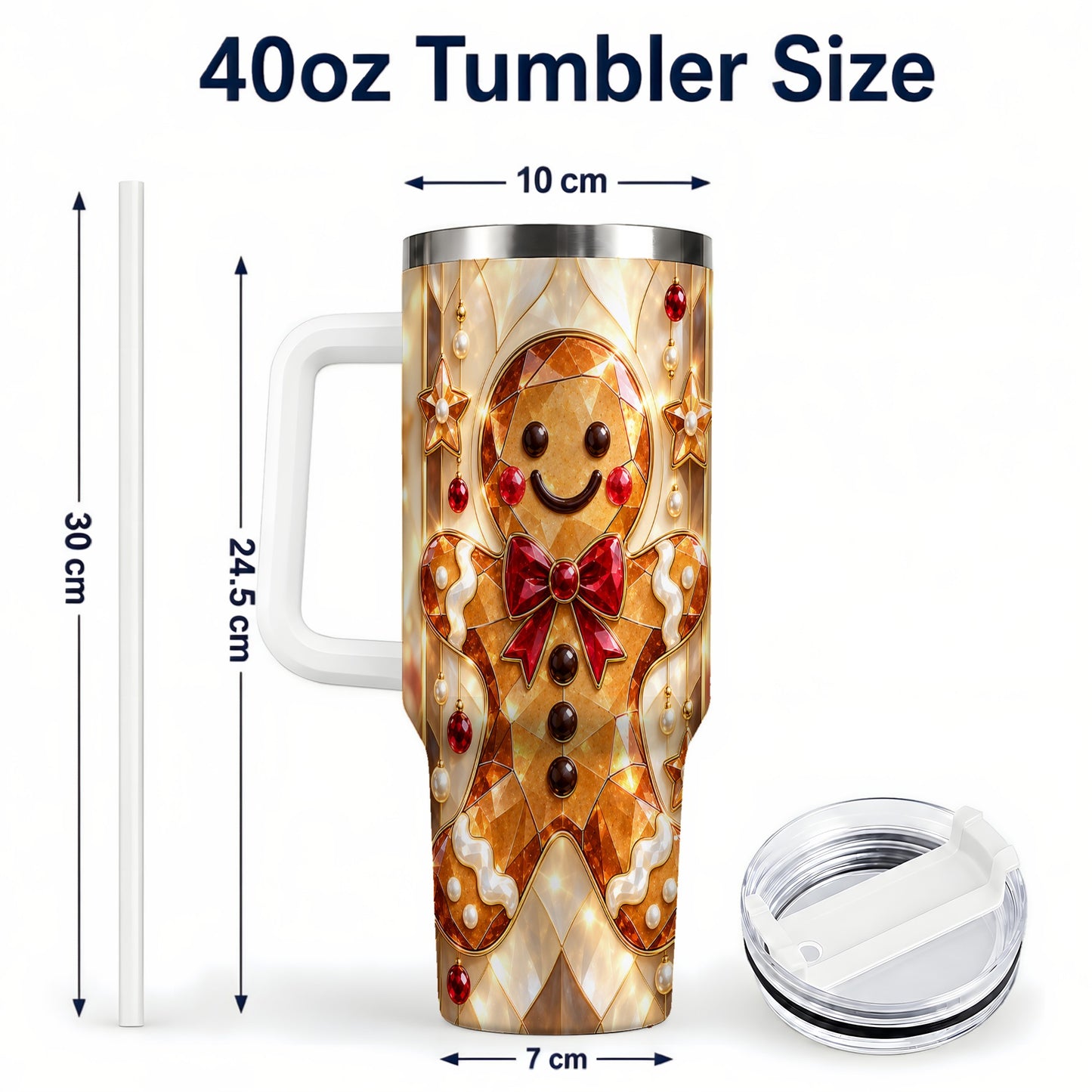 #pl[40oz|White] Gem Style Gingerbread 40oz Tumbler with Handle, Holiday Cookie Design