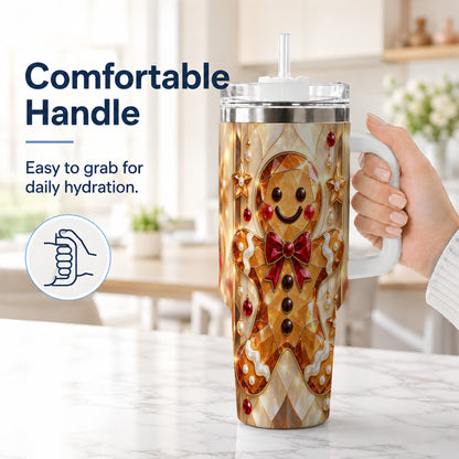#pl[40oz|White] Gem Style Gingerbread 40oz Tumbler with Handle, Holiday Cookie Design
