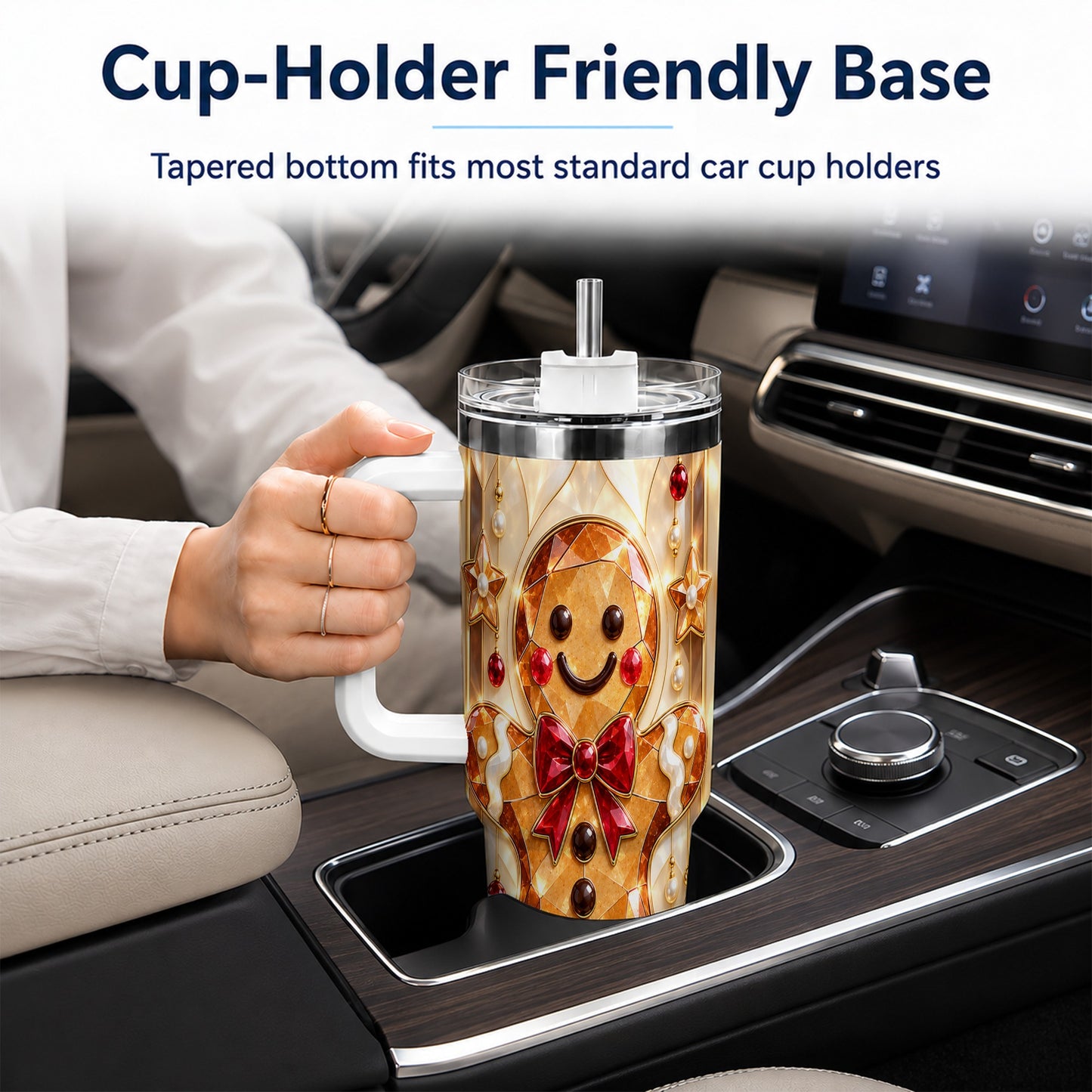 #pl[40oz|White] Gem Style Gingerbread 40oz Tumbler with Handle, Holiday Cookie Design
