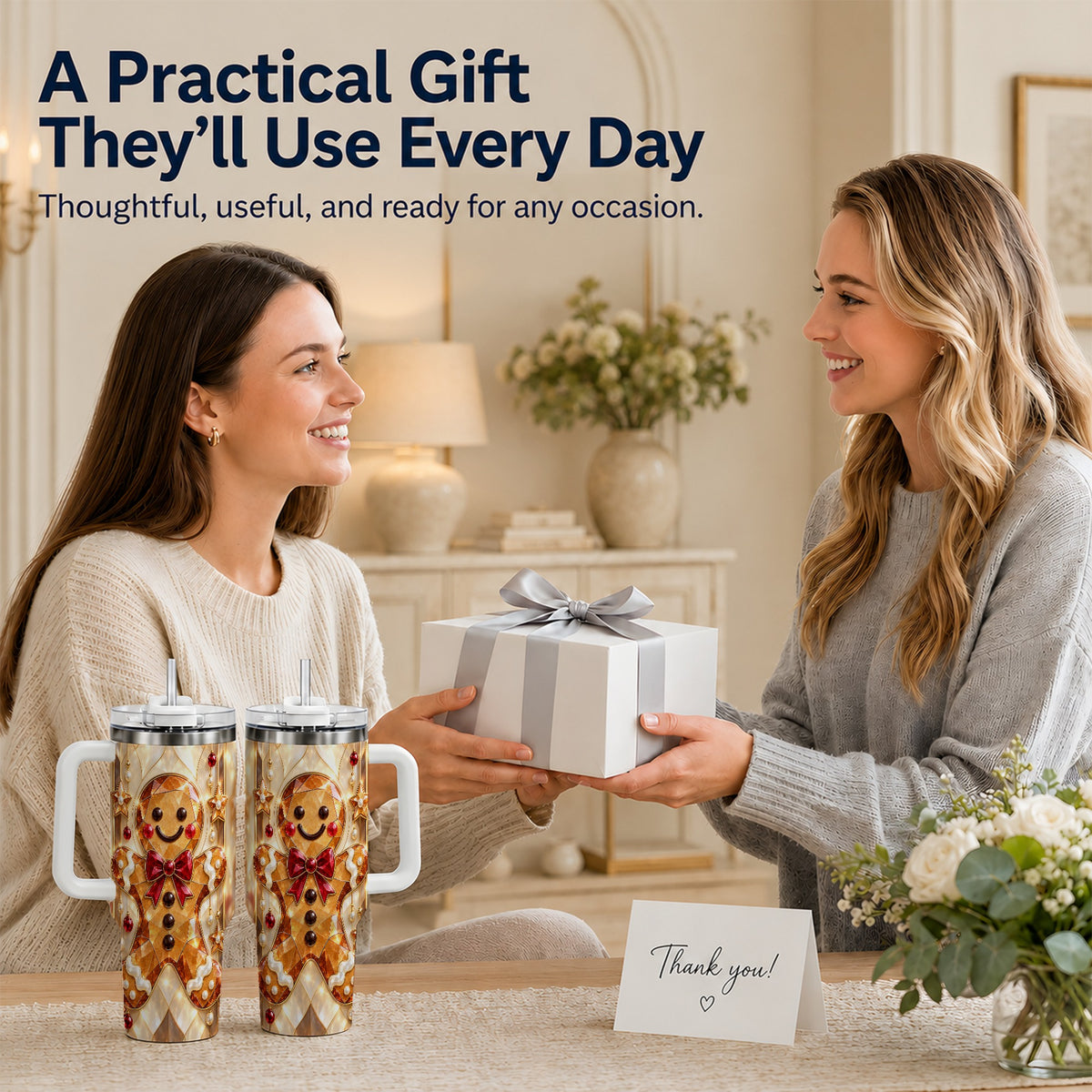 #pl[40oz|White] Gem Style Gingerbread 40oz Tumbler with Handle, Holiday Cookie Design