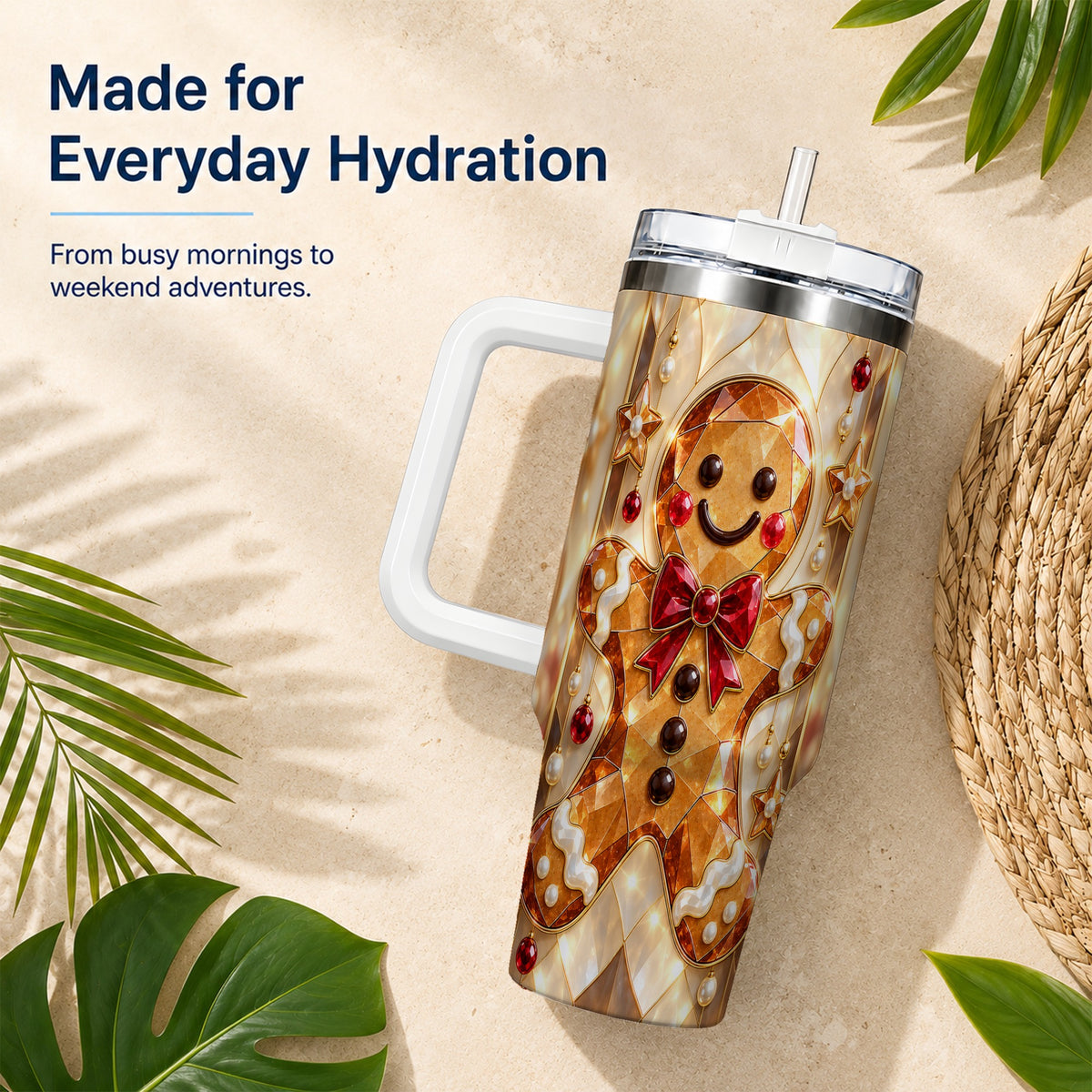 #pl[40oz|White] Gem Style Gingerbread 40oz Tumbler with Handle, Holiday Cookie Design