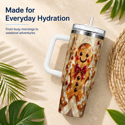 #pl[40oz|White] Gem Style Gingerbread 40oz Tumbler with Handle, Holiday Cookie Design