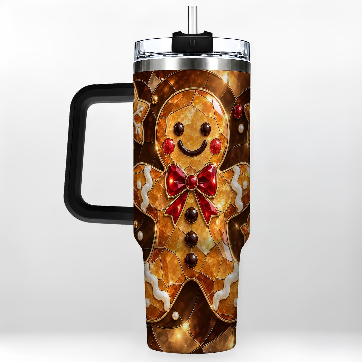#pl[40oz|Black] Stained Glass Gingerbread 40oz Tumbler with Handle, Holiday Cookie Design
