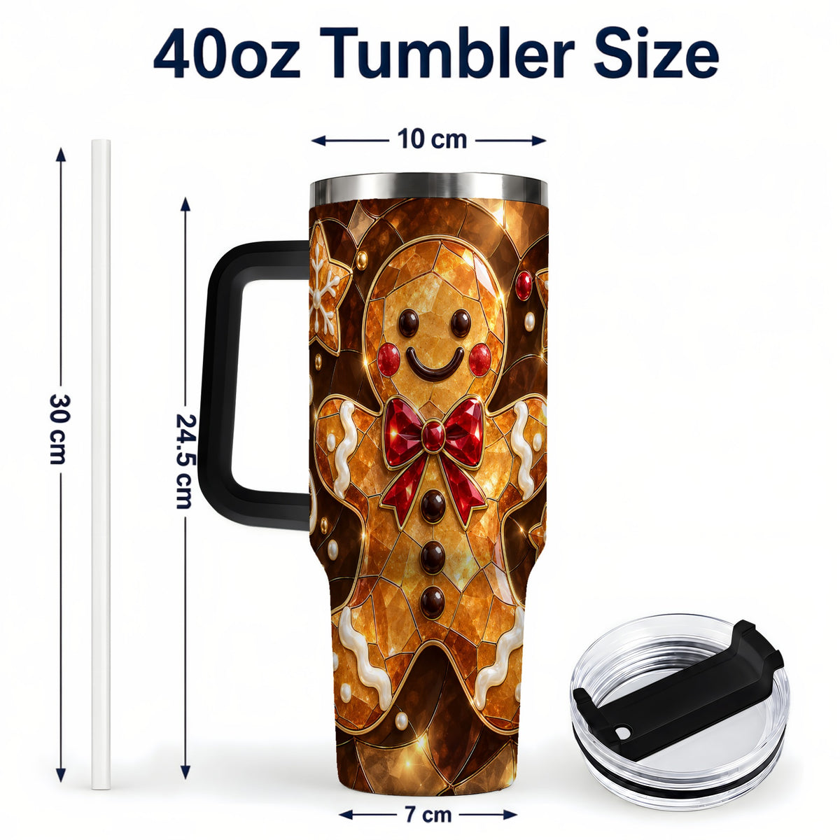 #pl[40oz|Black] Stained Glass Gingerbread 40oz Tumbler with Handle, Holiday Cookie Design