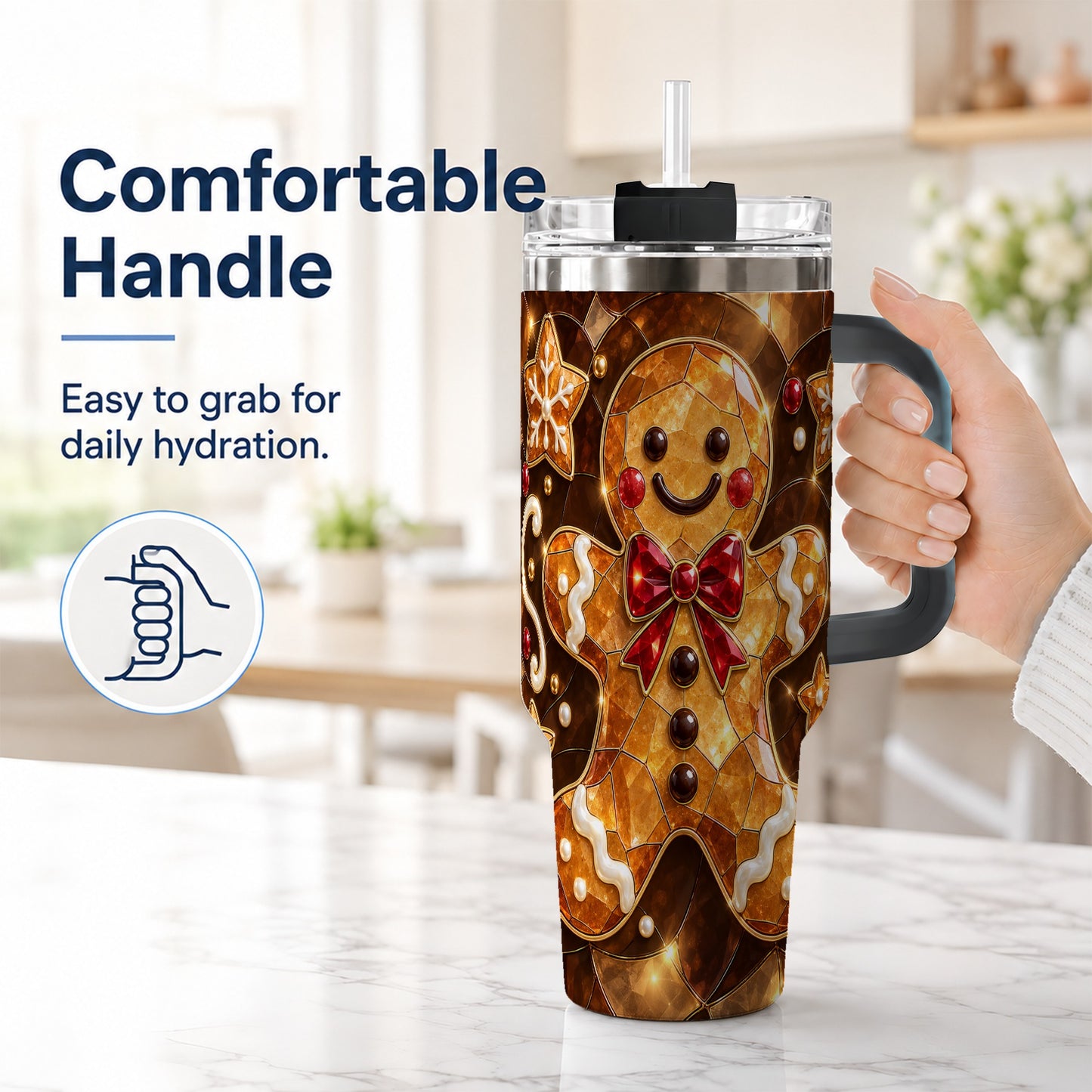 #pl[40oz|Black] Stained Glass Gingerbread 40oz Tumbler with Handle, Holiday Cookie Design