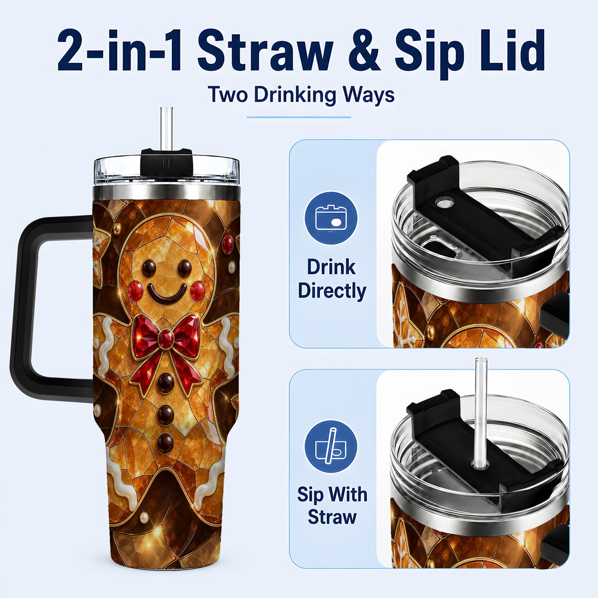 #pl[40oz|Black] Stained Glass Gingerbread 40oz Tumbler with Handle, Holiday Cookie Design