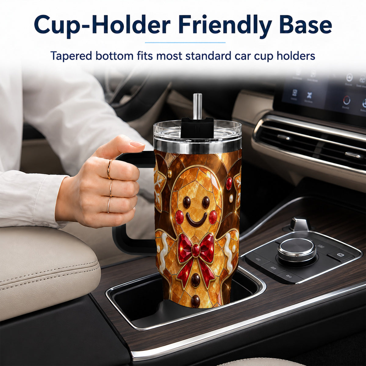 #pl[40oz|Black] Stained Glass Gingerbread 40oz Tumbler with Handle, Holiday Cookie Design