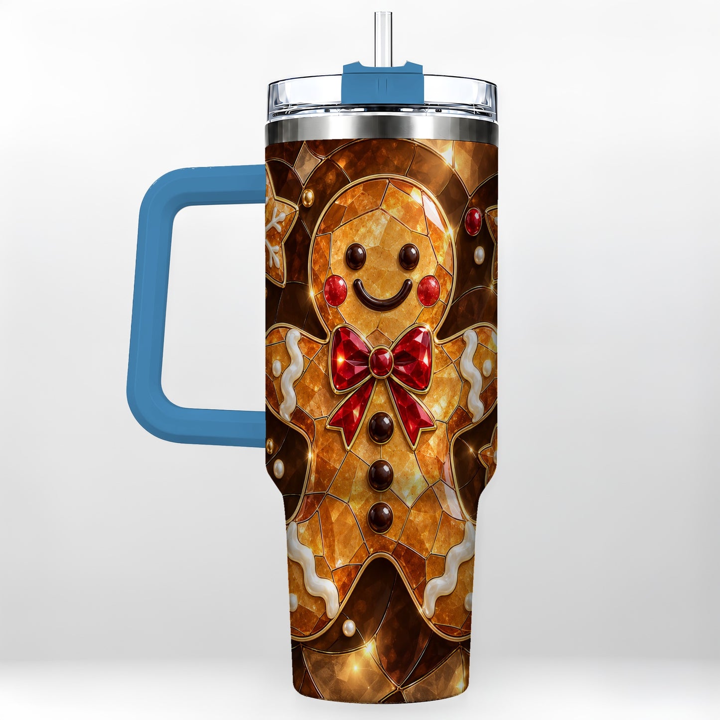 #pl[40oz|Blue] Stained Glass Gingerbread 40oz Tumbler with Handle, Holiday Cookie Design