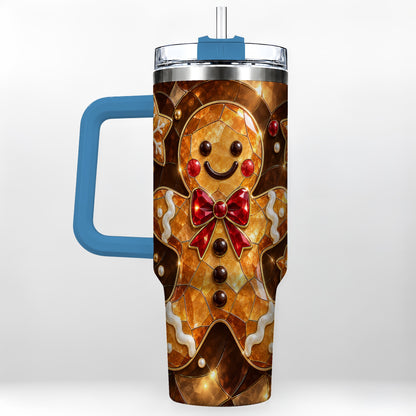 #pl[40oz|Blue] Stained Glass Gingerbread 40oz Tumbler with Handle, Holiday Cookie Design