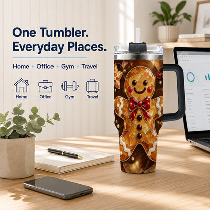 #pl[40oz|Black] Stained Glass Gingerbread 40oz Tumbler with Handle, Holiday Cookie Design