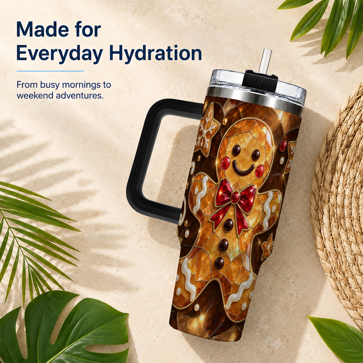 #pl[40oz|Black] Stained Glass Gingerbread 40oz Tumbler with Handle, Holiday Cookie Design