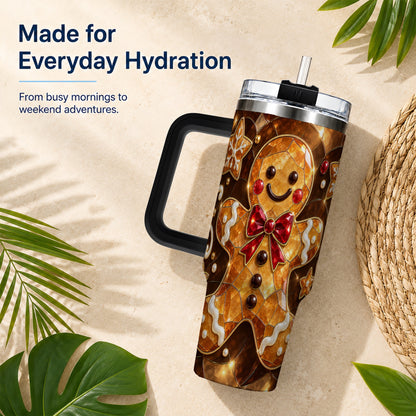 #pl[40oz|Black] Stained Glass Gingerbread 40oz Tumbler with Handle, Holiday Cookie Design