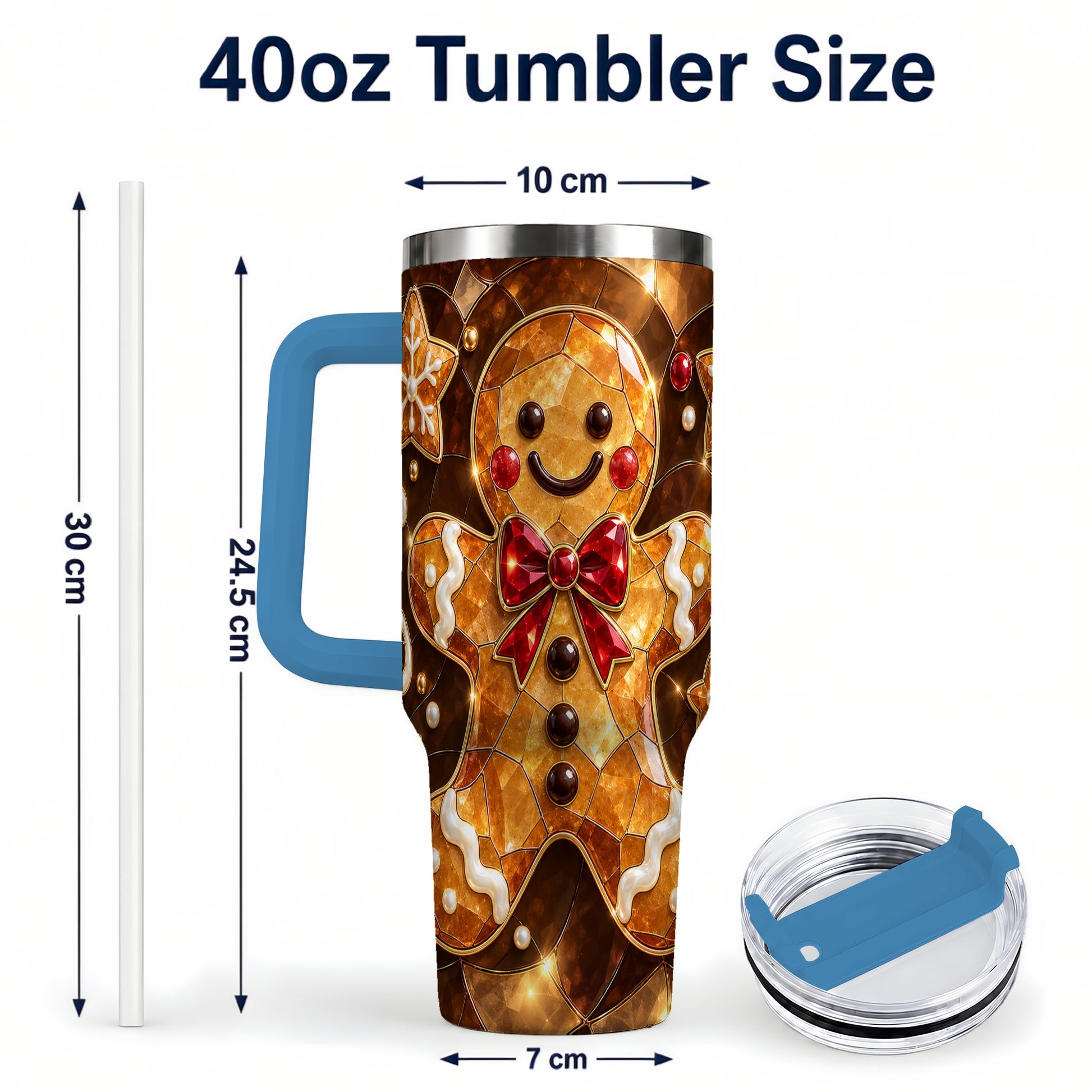 #pl[40oz|Blue] Stained Glass Gingerbread 40oz Tumbler with Handle, Holiday Cookie Design