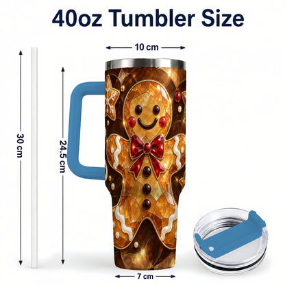 #pl[40oz|Blue] Stained Glass Gingerbread 40oz Tumbler with Handle, Holiday Cookie Design