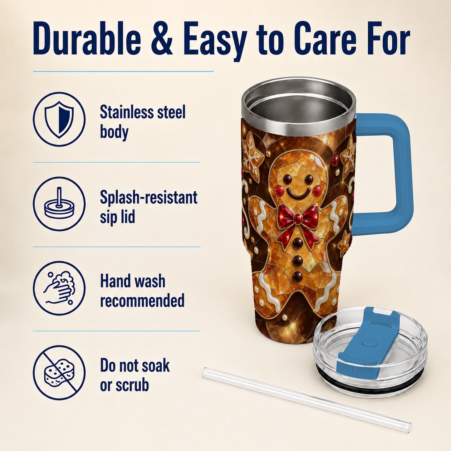 #pl[40oz|Blue] Stained Glass Gingerbread 40oz Tumbler with Handle, Holiday Cookie Design