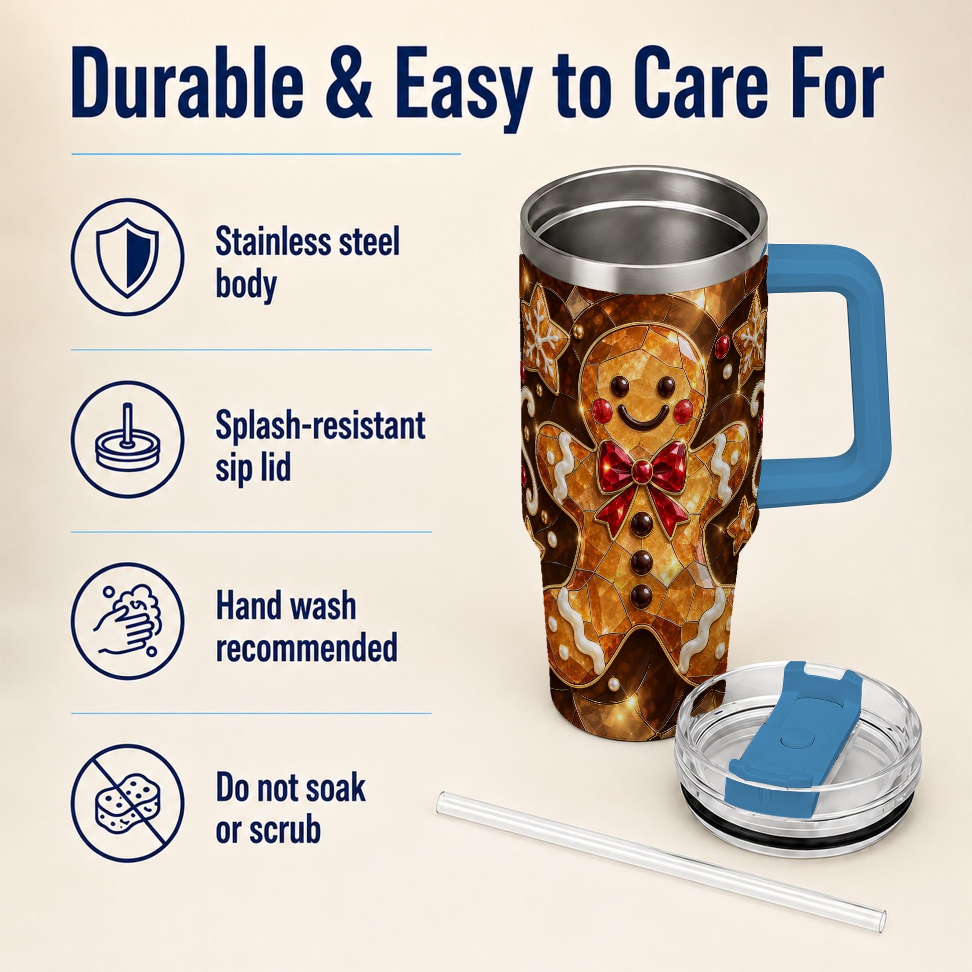 #pl[40oz|Blue] Stained Glass Gingerbread 40oz Tumbler with Handle, Holiday Cookie Design