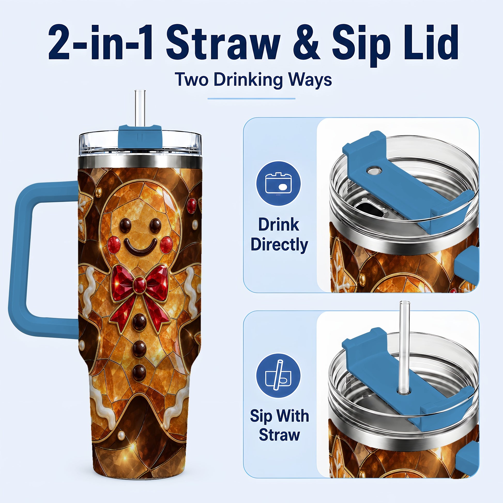 #pl[40oz|Blue] Stained Glass Gingerbread 40oz Tumbler with Handle, Holiday Cookie Design