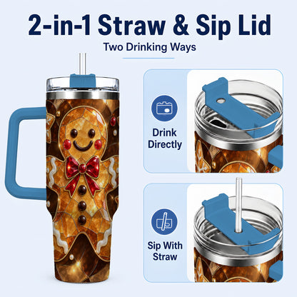 #pl[40oz|Blue] Stained Glass Gingerbread 40oz Tumbler with Handle, Holiday Cookie Design