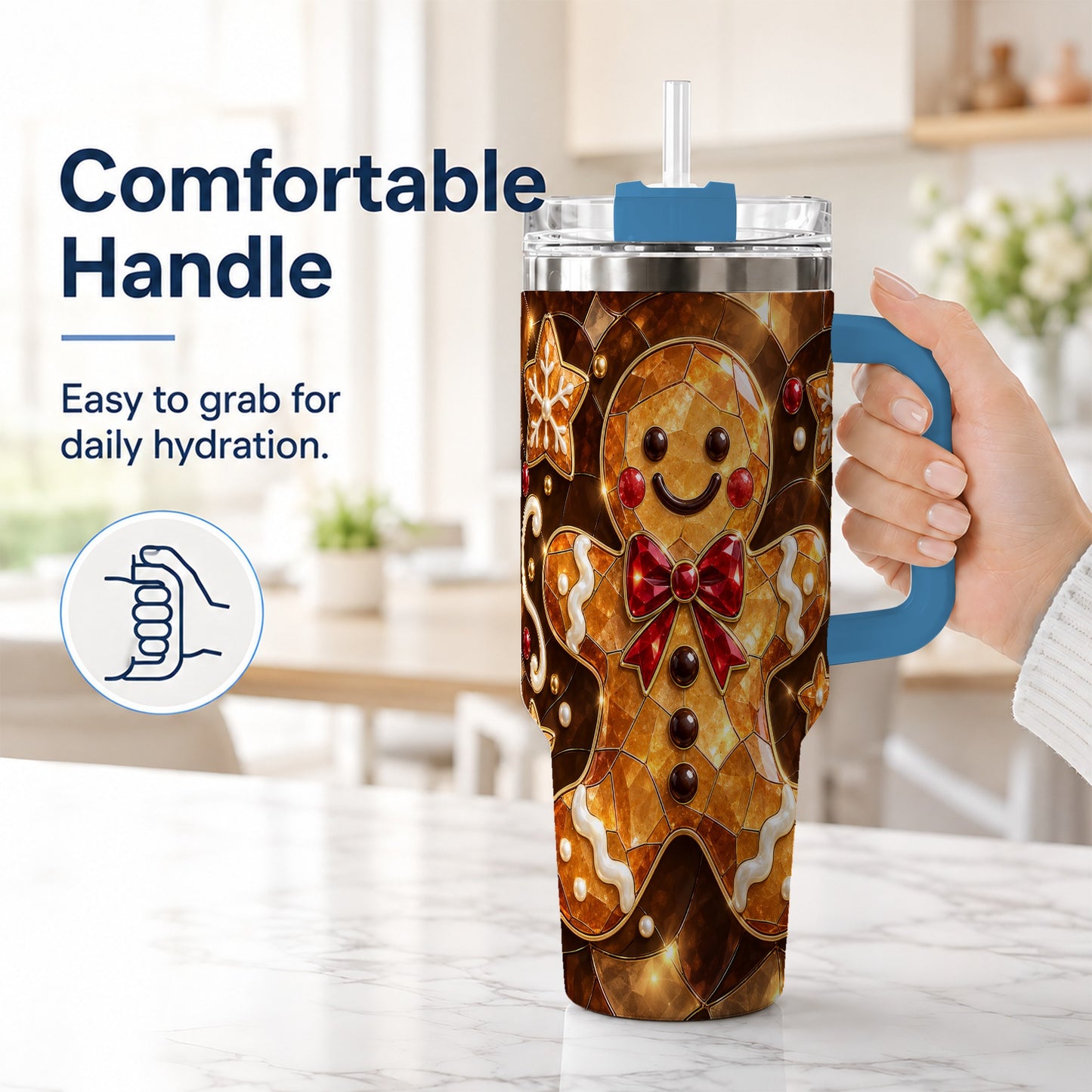 #pl[40oz|Blue] Stained Glass Gingerbread 40oz Tumbler with Handle, Holiday Cookie Design