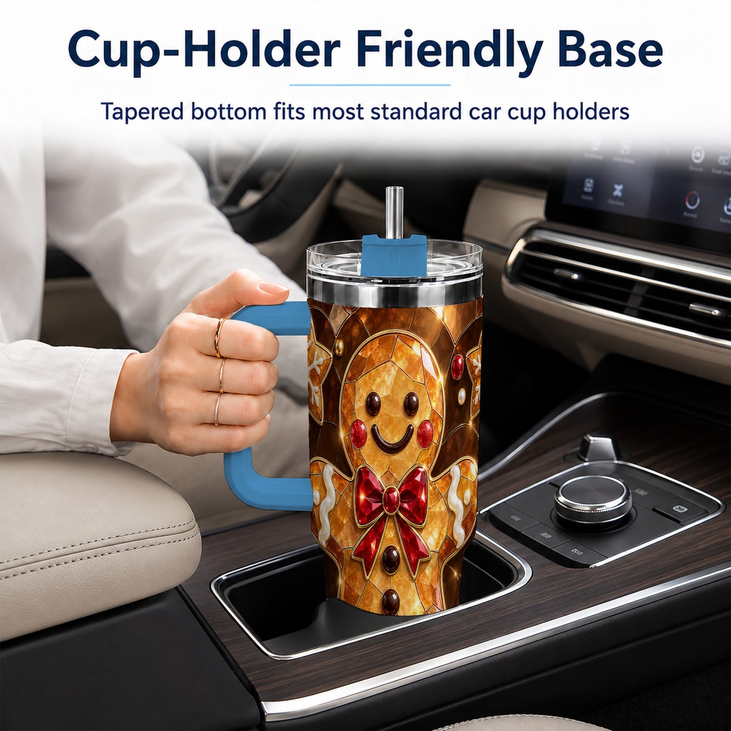 #pl[40oz|Blue] Stained Glass Gingerbread 40oz Tumbler with Handle, Holiday Cookie Design
