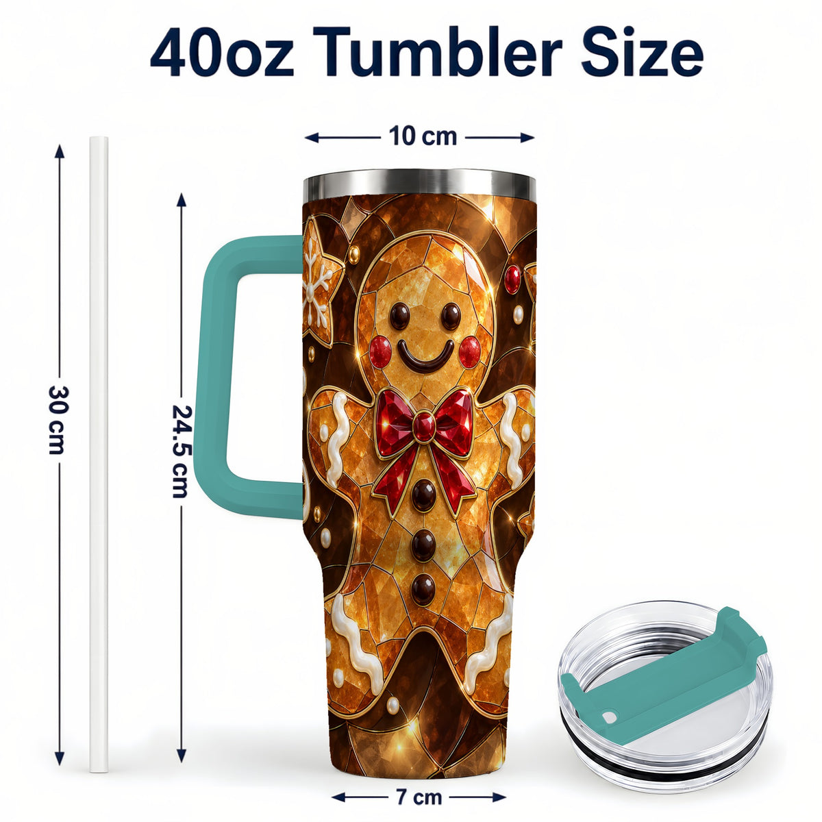 #pl[40oz|Green] Stained Glass Gingerbread 40oz Tumbler with Handle, Holiday Cookie Design