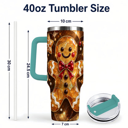 #pl[40oz|Green] Stained Glass Gingerbread 40oz Tumbler with Handle, Holiday Cookie Design