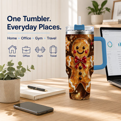 #pl[40oz|Blue] Stained Glass Gingerbread 40oz Tumbler with Handle, Holiday Cookie Design