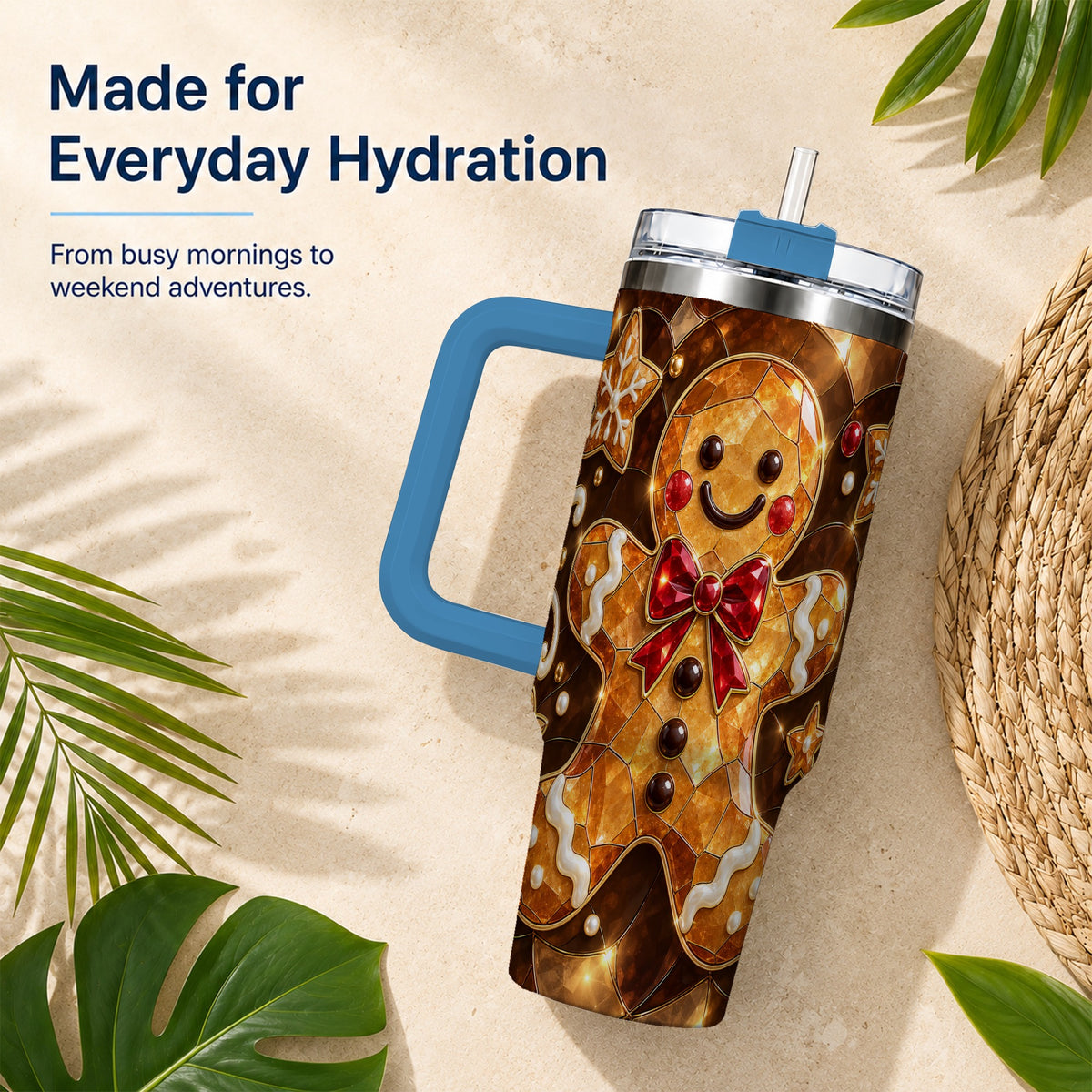 #pl[40oz|Blue] Stained Glass Gingerbread 40oz Tumbler with Handle, Holiday Cookie Design