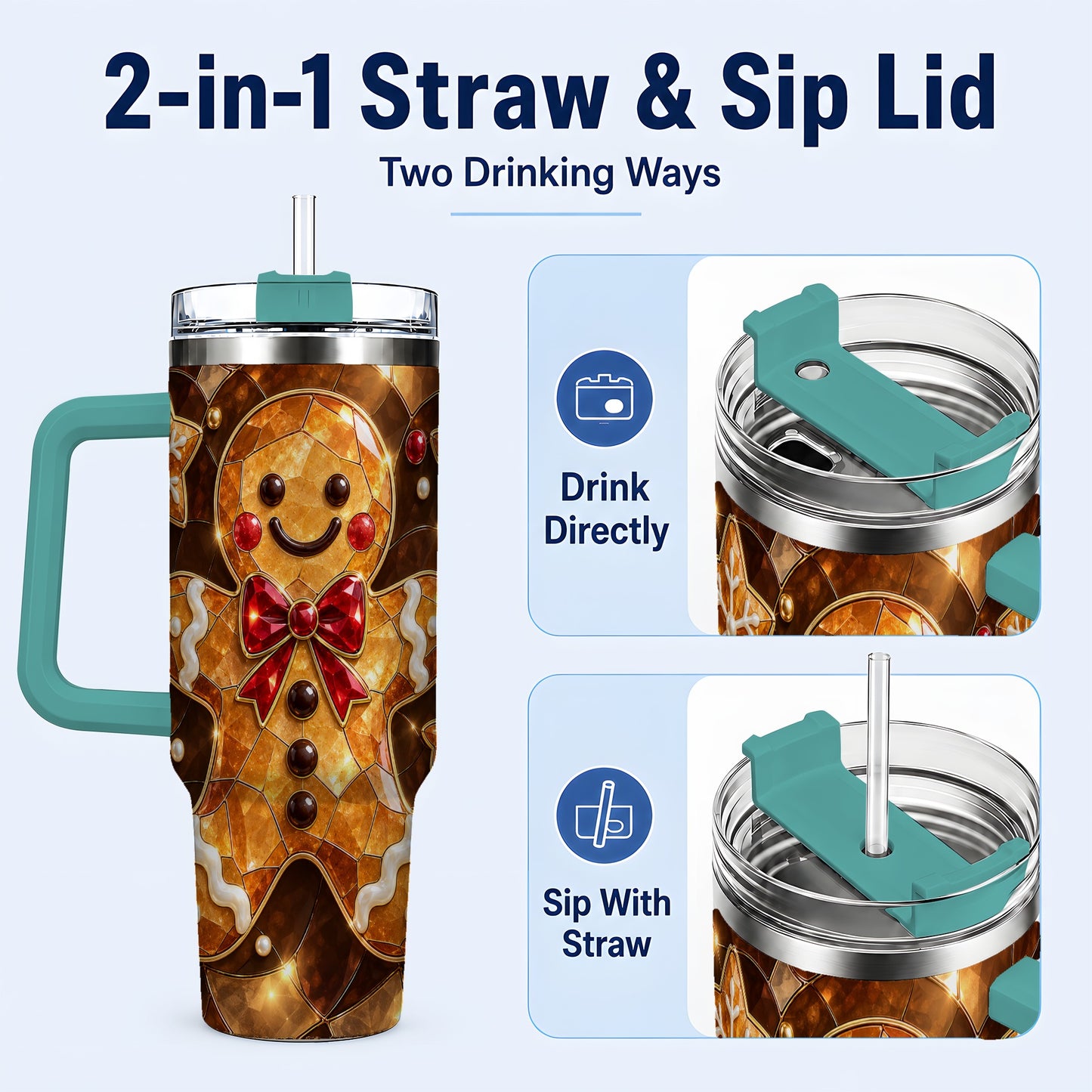 #pl[40oz|Green] Stained Glass Gingerbread 40oz Tumbler with Handle, Holiday Cookie Design