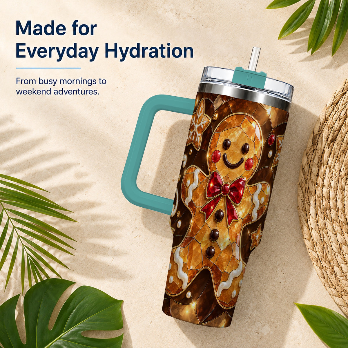 #pl[40oz|Green] Stained Glass Gingerbread 40oz Tumbler with Handle, Holiday Cookie Design