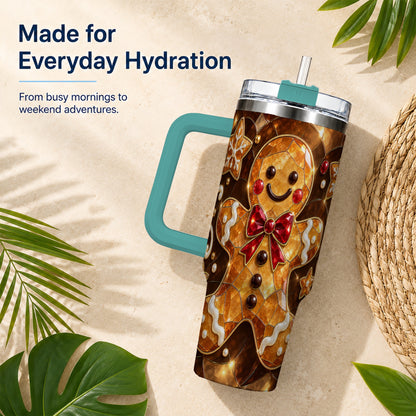 #pl[40oz|Green] Stained Glass Gingerbread 40oz Tumbler with Handle, Holiday Cookie Design
