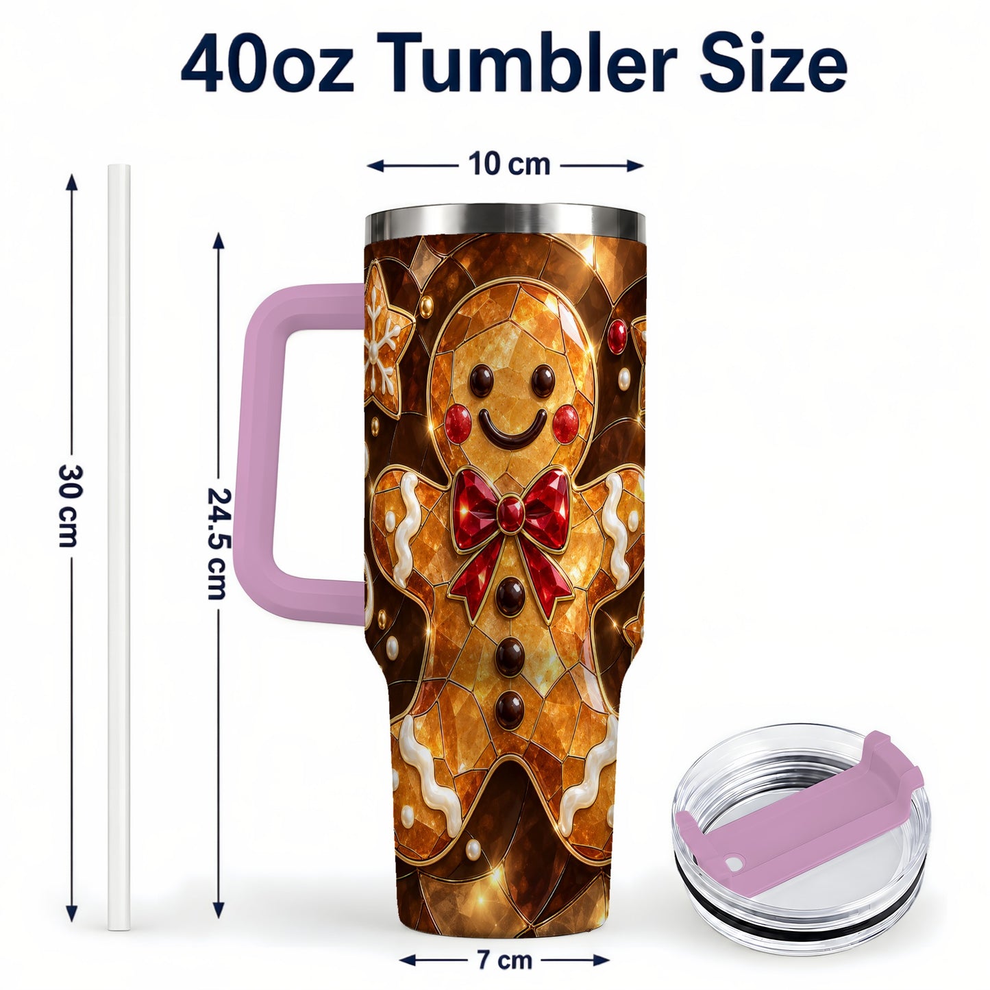 #pl[40oz|Pink] Stained Glass Gingerbread 40oz Tumbler with Handle, Holiday Cookie Design