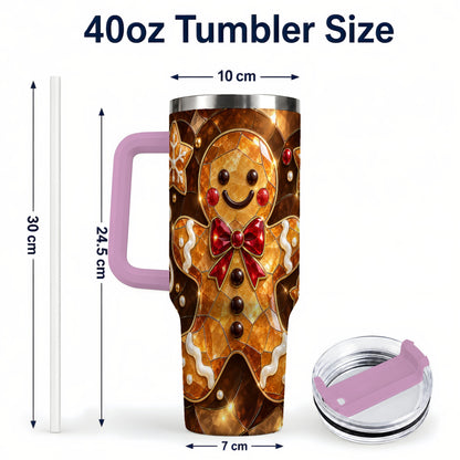 #pl[40oz|Pink] Stained Glass Gingerbread 40oz Tumbler with Handle, Holiday Cookie Design