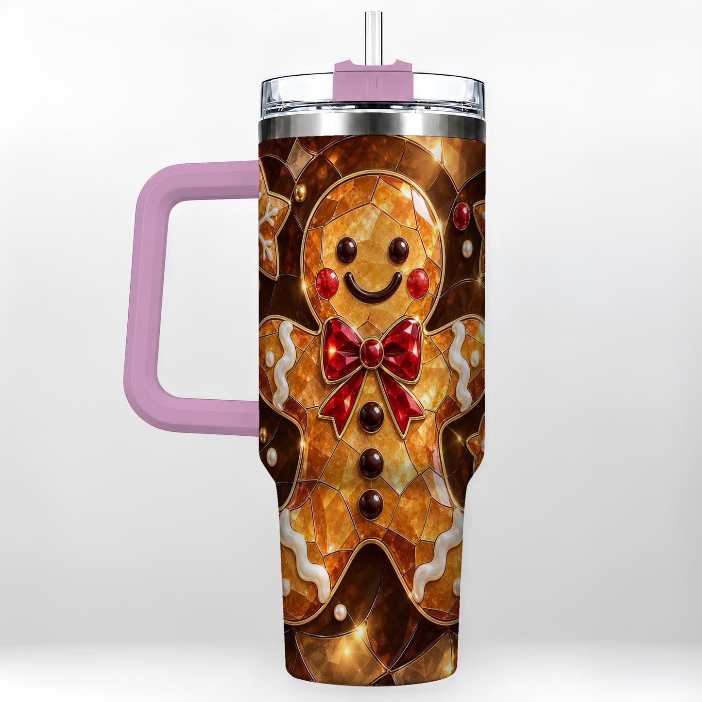 #pl[40oz|Pink] Stained Glass Gingerbread 40oz Tumbler with Handle, Holiday Cookie Design
