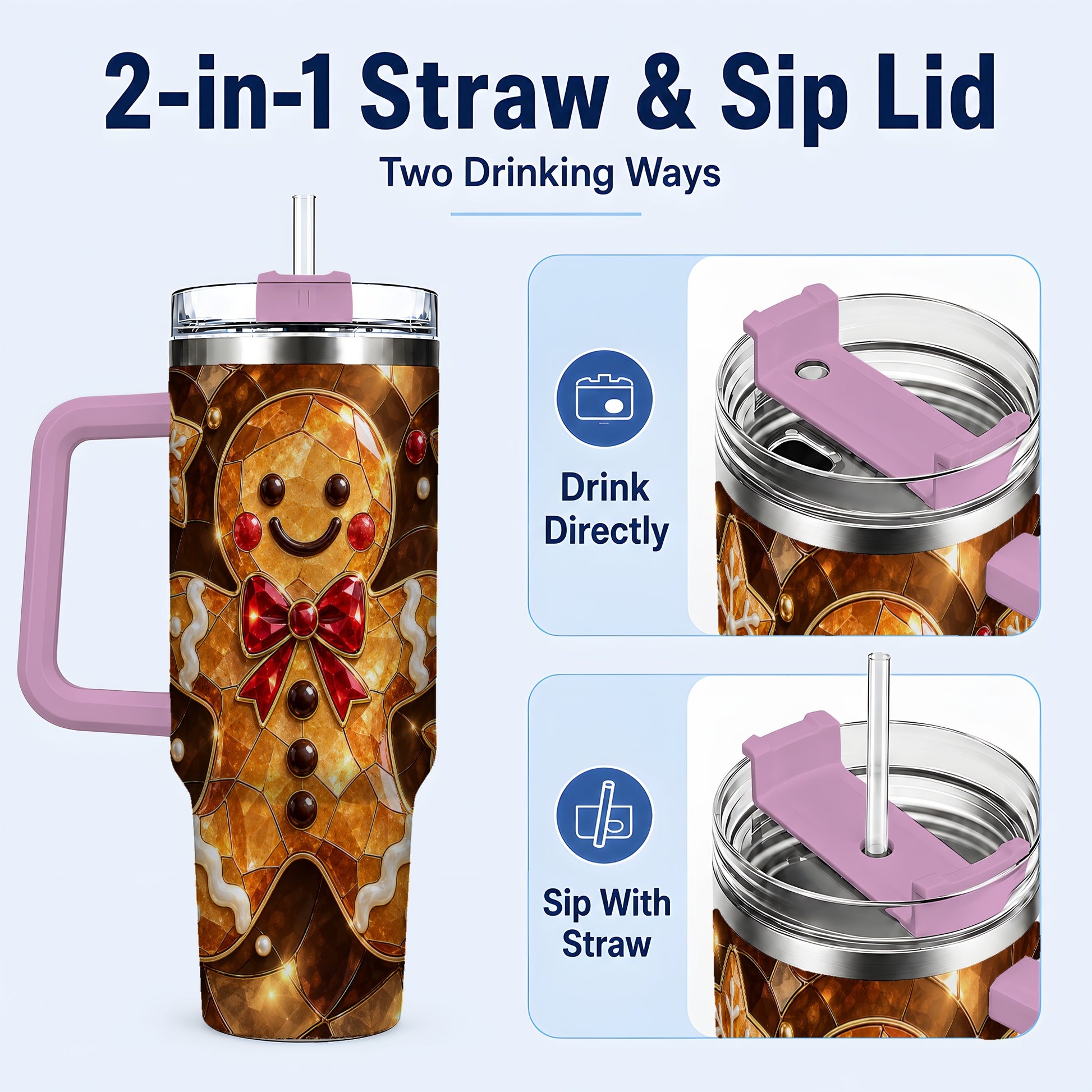 #pl[40oz|Pink] Stained Glass Gingerbread 40oz Tumbler with Handle, Holiday Cookie Design