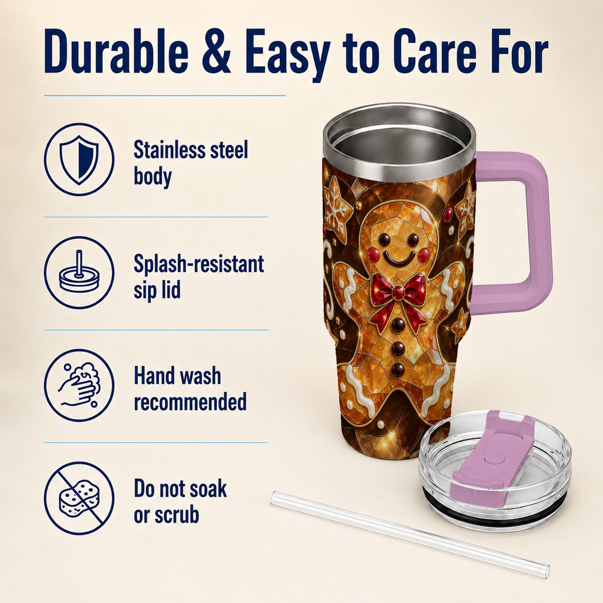 #pl[40oz|Pink] Stained Glass Gingerbread 40oz Tumbler with Handle, Holiday Cookie Design