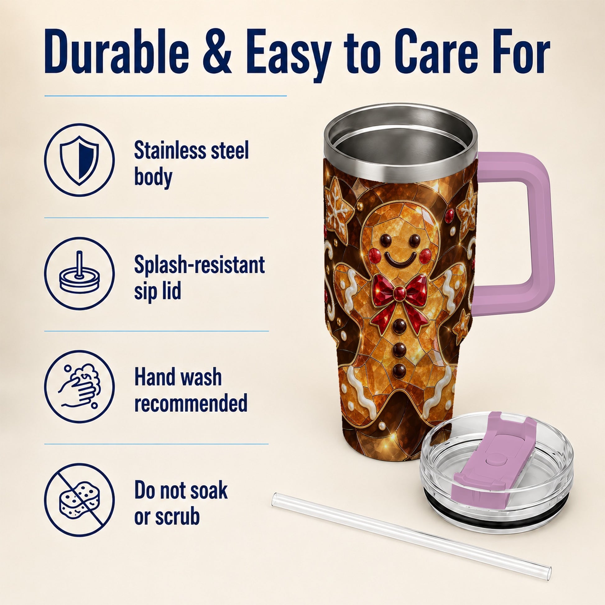 #pl[40oz|Pink] Stained Glass Gingerbread 40oz Tumbler with Handle, Holiday Cookie Design