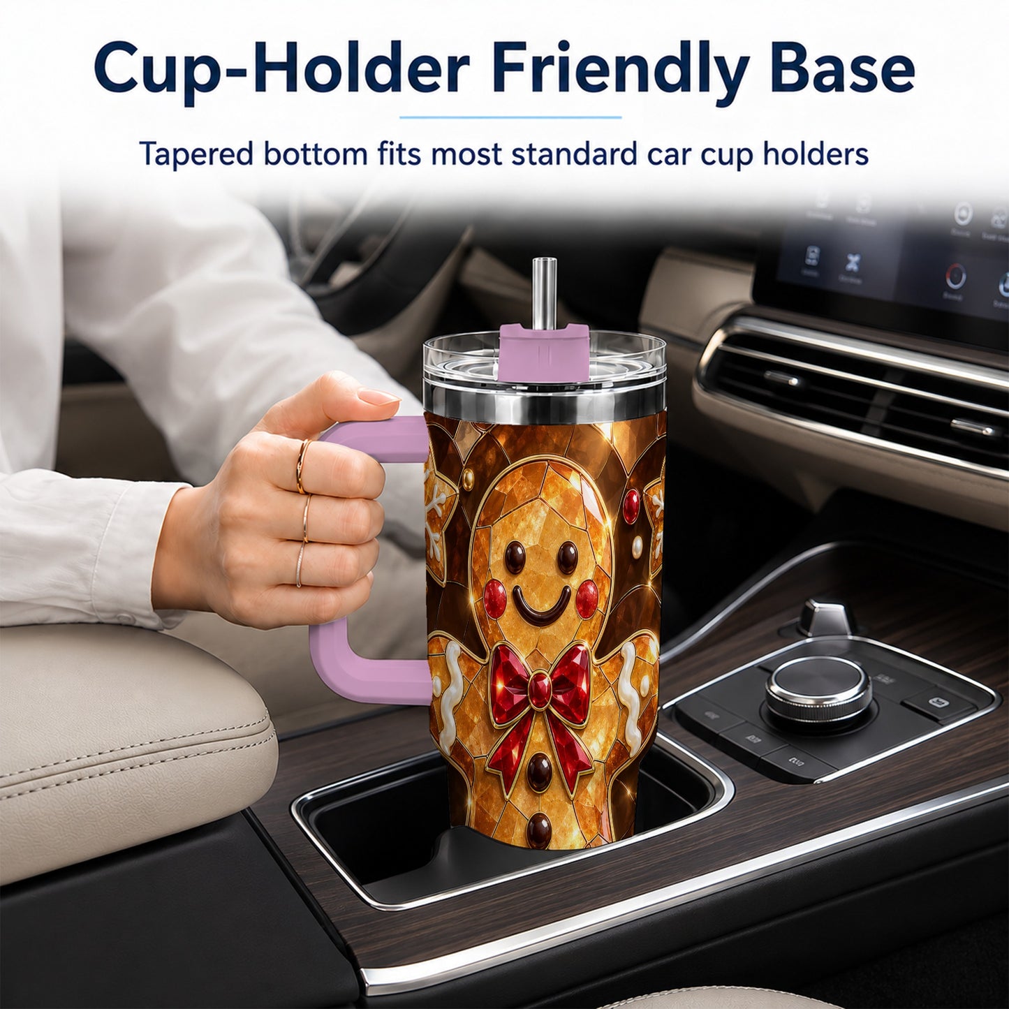 #pl[40oz|Pink] Stained Glass Gingerbread 40oz Tumbler with Handle, Holiday Cookie Design