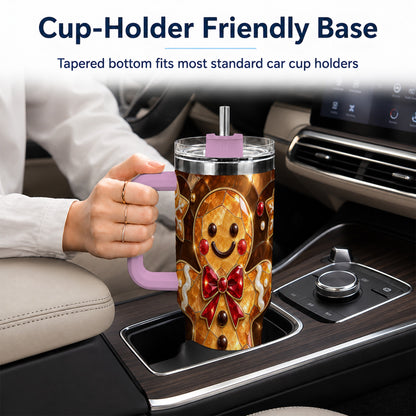#pl[40oz|Pink] Stained Glass Gingerbread 40oz Tumbler with Handle, Holiday Cookie Design