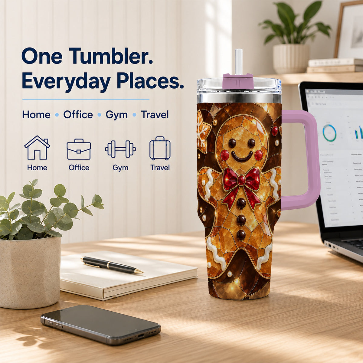 #pl[40oz|Pink] Stained Glass Gingerbread 40oz Tumbler with Handle, Holiday Cookie Design