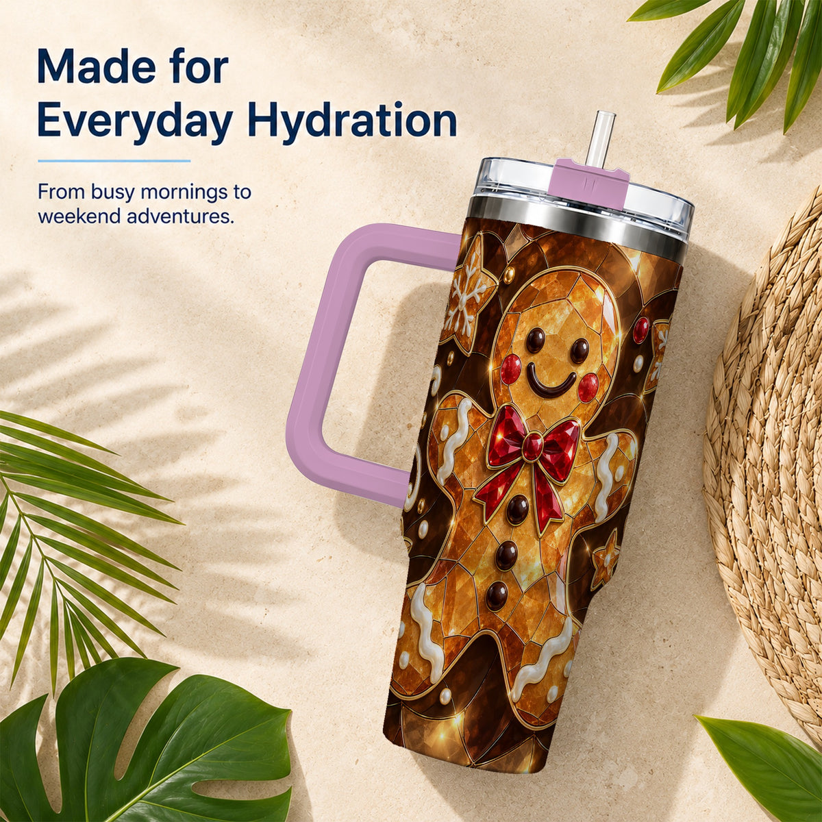#pl[40oz|Pink] Stained Glass Gingerbread 40oz Tumbler with Handle, Holiday Cookie Design