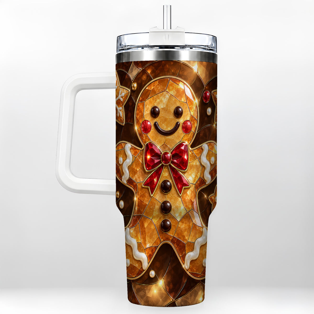 Stained Glass Gingerbread 40oz Tumbler with Handle, Holiday Cookie Design