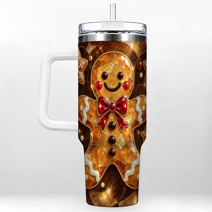 Stained Glass Gingerbread 40oz Tumbler with Handle, Holiday Cookie Design