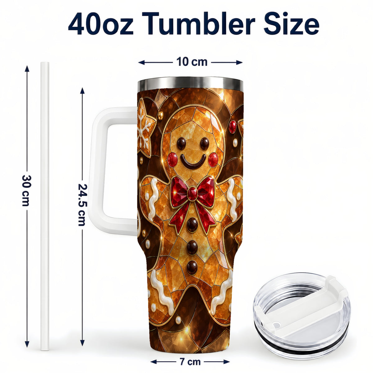 #pl[40oz|White] Stained Glass Gingerbread 40oz Tumbler with Handle, Holiday Cookie Design