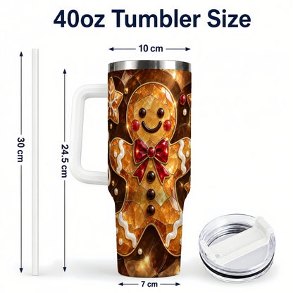 #pl[40oz|White] Stained Glass Gingerbread 40oz Tumbler with Handle, Holiday Cookie Design