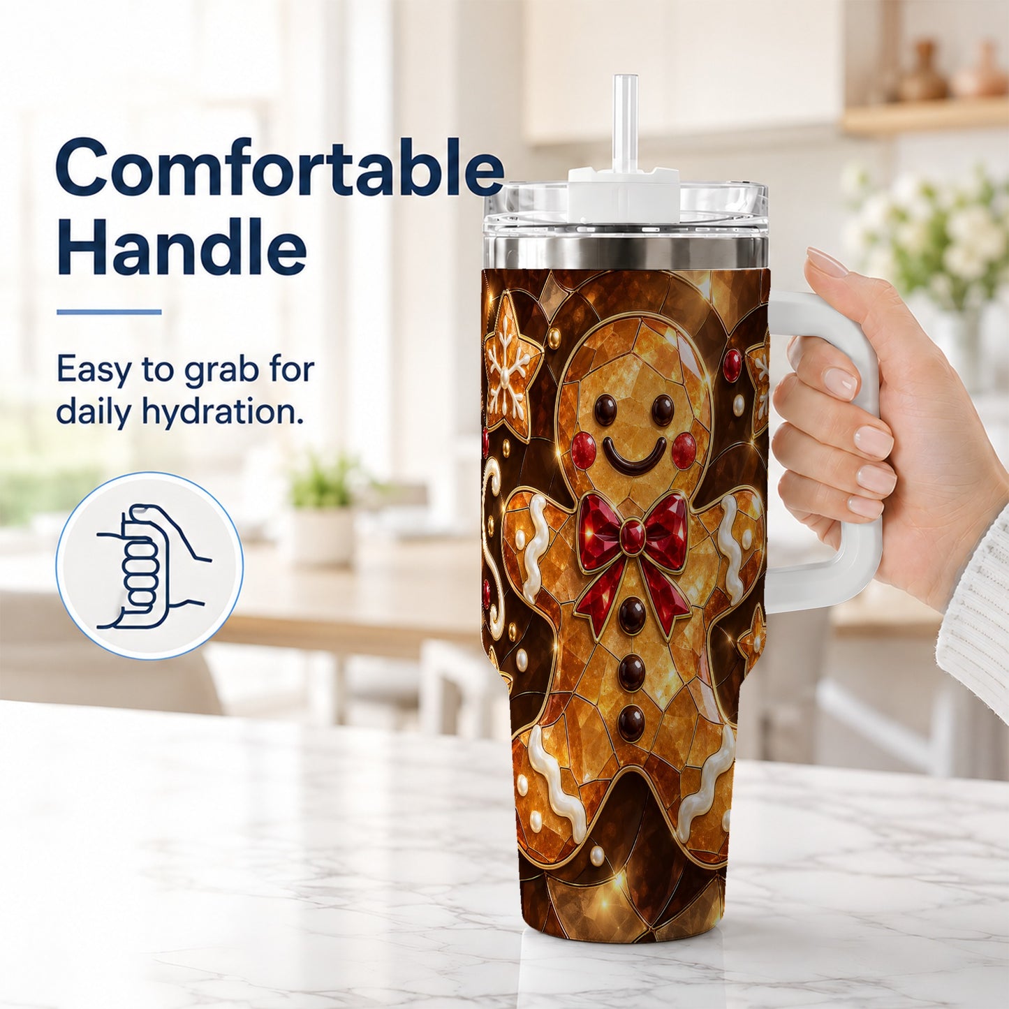 #pl[40oz|White] Stained Glass Gingerbread 40oz Tumbler with Handle, Holiday Cookie Design