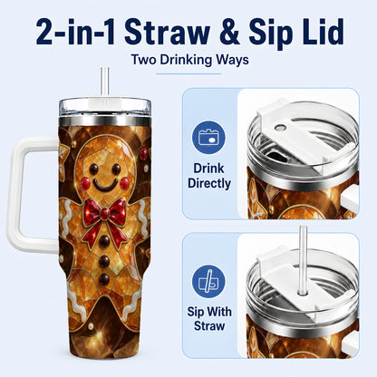 #pl[40oz|White] Stained Glass Gingerbread 40oz Tumbler with Handle, Holiday Cookie Design