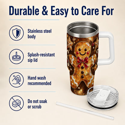 #pl[40oz|White] Stained Glass Gingerbread 40oz Tumbler with Handle, Holiday Cookie Design