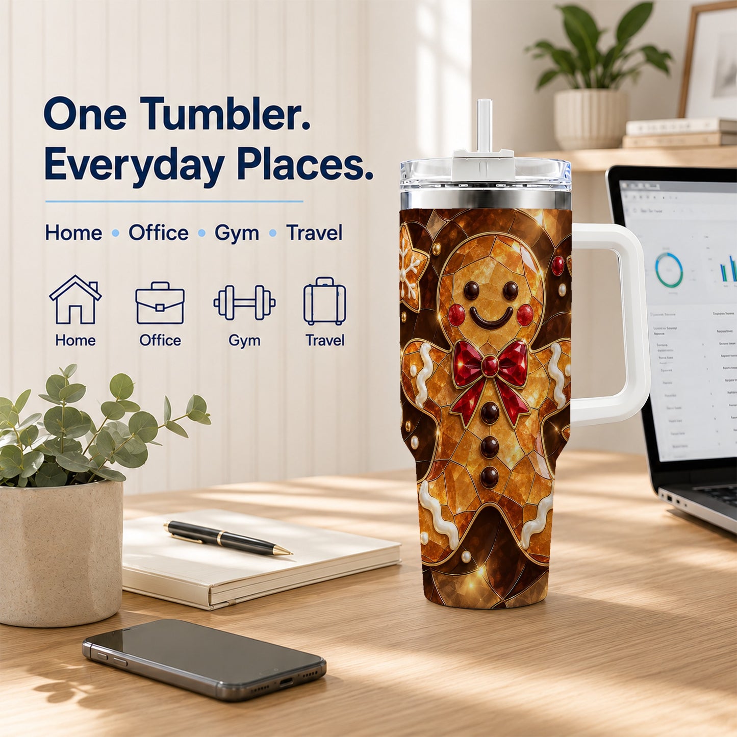 #pl[40oz|White] Stained Glass Gingerbread 40oz Tumbler with Handle, Holiday Cookie Design