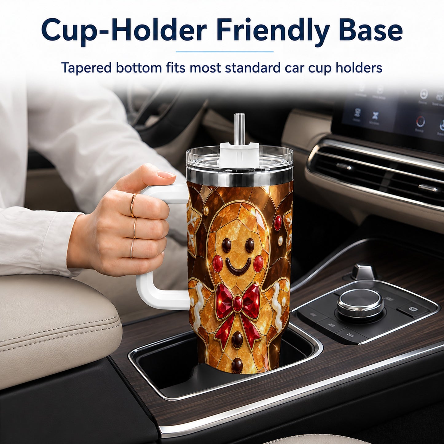 #pl[40oz|White] Stained Glass Gingerbread 40oz Tumbler with Handle, Holiday Cookie Design